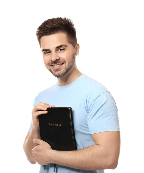 Ung Man Med Bibeln Vit Bakgrund — Stockfoto