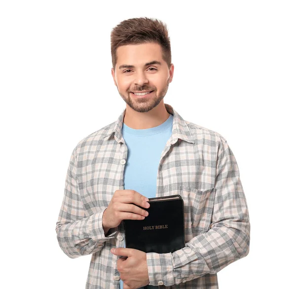 Jeune Homme Avec Bible Sur Fond Blanc — Photo