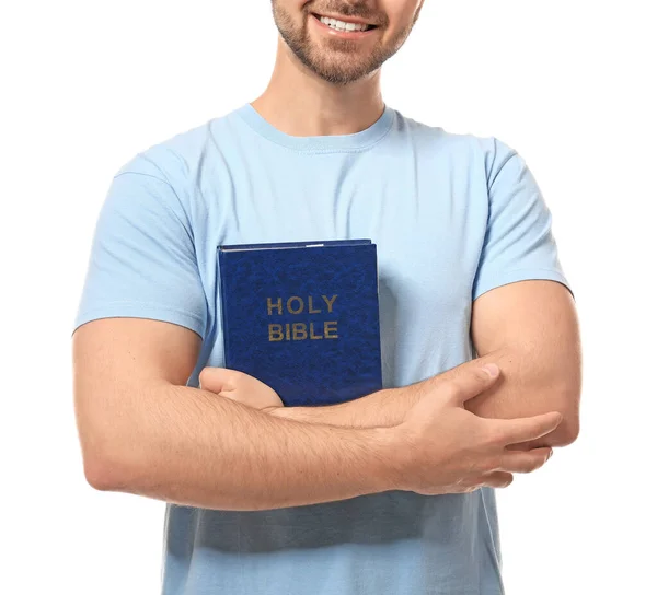 Młody Człowiek Biblią Białym Tle Zbliżenie — Zdjęcie stockowe