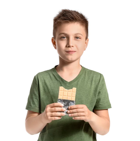 Lindo Niño Comiendo Chocolate Sobre Fondo Blanco —  Fotos de Stock