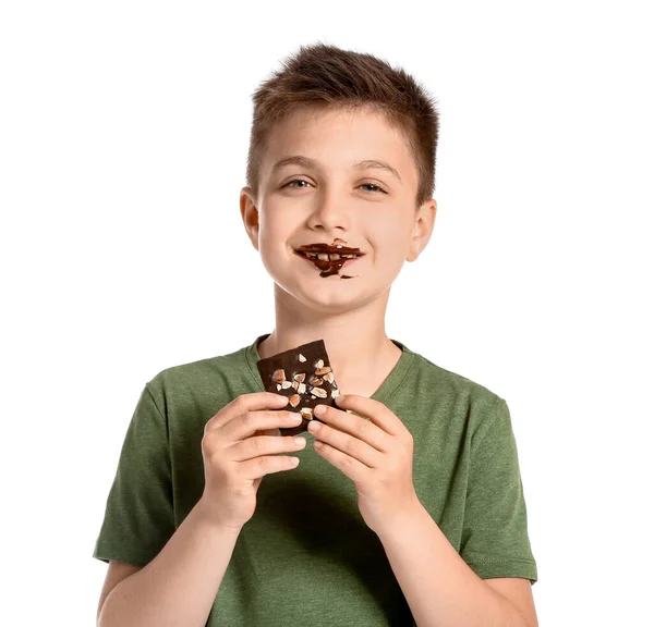 Cute Little Boy Eating Chocolate White Background — Stock Photo, Image