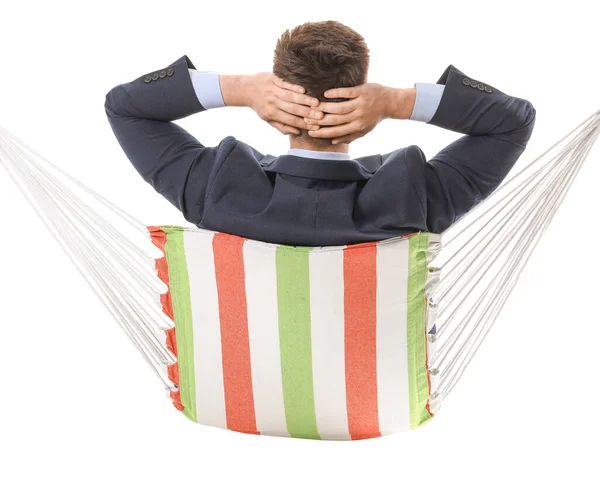 Mladý Podnikatel Relaxaci Houpací Síti Proti Bílému Pozadí — Stock fotografie