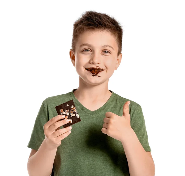 Cute Little Boy Eating Chocolate White Background — Stock Photo, Image