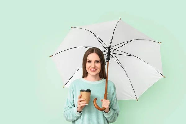 Beautiful Woman Umbrella Cup Coffee Color Background — Stock Photo, Image