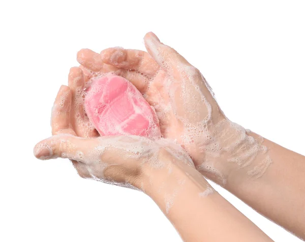 Kvinna Tvätta Händerna Vit Bakgrund — Stockfoto