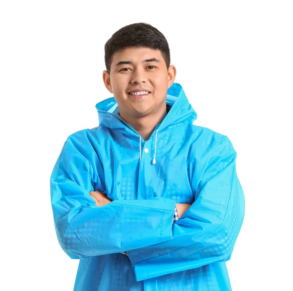 Young Asian Man Raincoat White Background — Stock Photo, Image