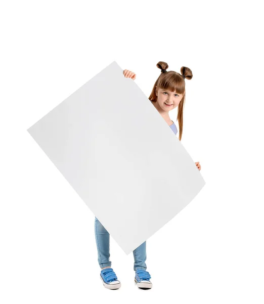 Niña Con Cartel Blanco Sobre Fondo Blanco — Foto de Stock