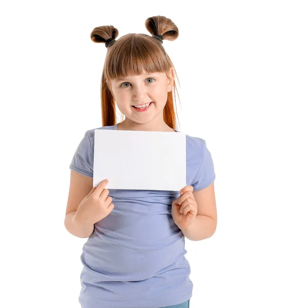 Маленька Дівчинка Порожньою Карткою Білому Тлі — стокове фото