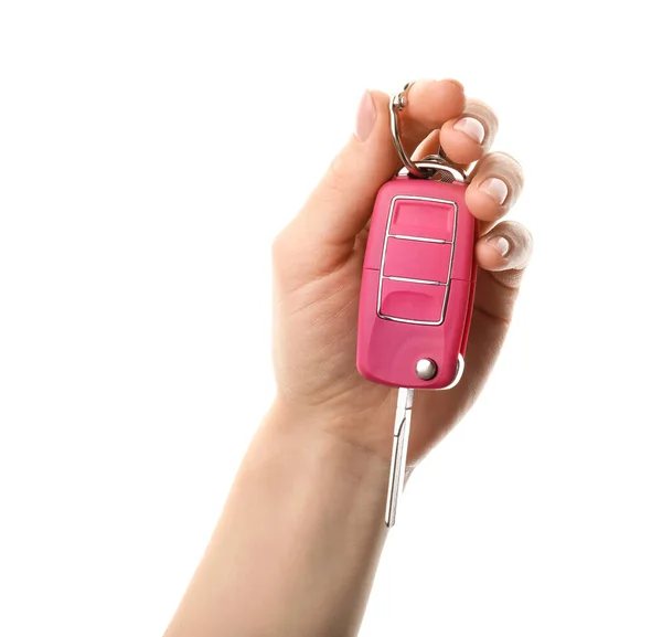 Weibliche Hand Mit Autoschlüssel Auf Weißem Hintergrund — Stockfoto