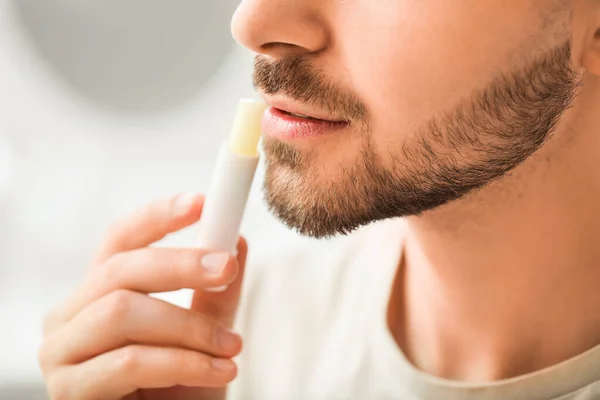 Handsome Young Man Lip Balm Home Closeup — Stock Photo, Image