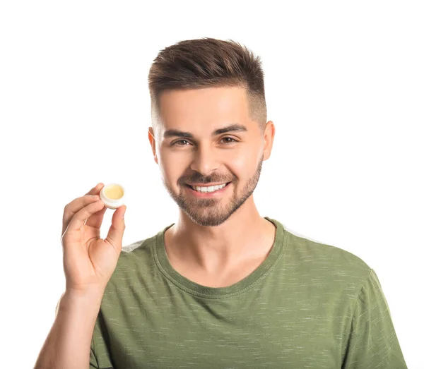 Handsome Young Man Lip Balm White Background — Stock Photo, Image