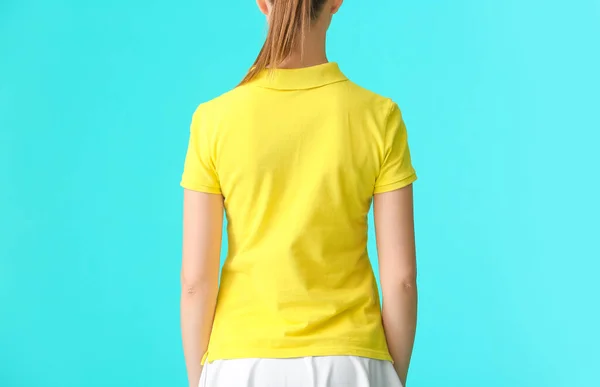 Beautiful Young Woman Stylish Polo Shirt Color Background Back View — Stock Photo, Image