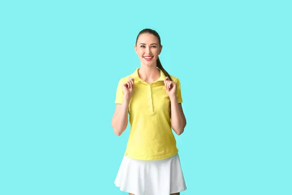 Beautiful Young Woman Stylish Polo Shirt Color Background — Stock Photo, Image