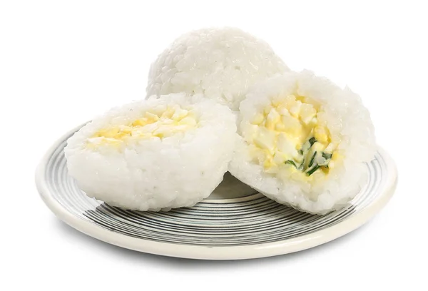 Piatto Con Onigiri Tradizionali Giapponesi Sfondo Bianco — Foto Stock