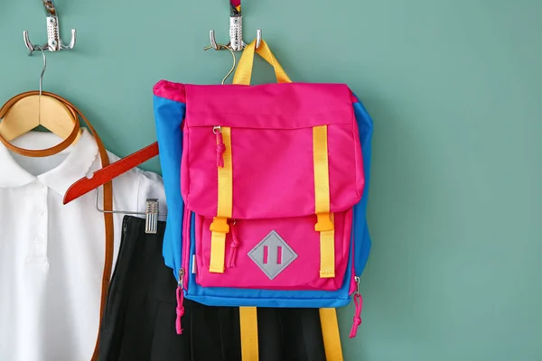 Stylish School Uniform Backpack Hanging Wall — Stock Photo, Image