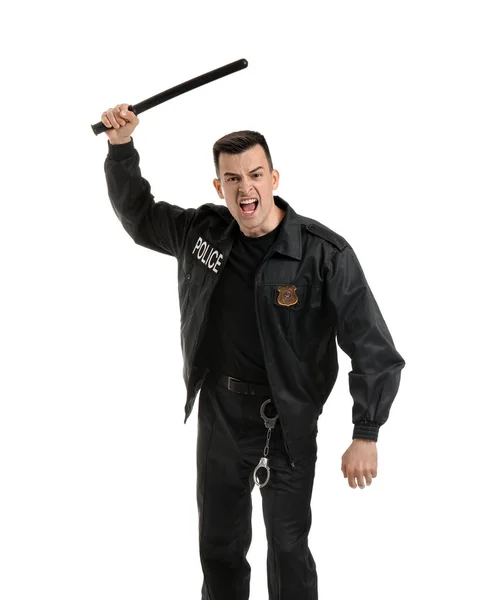 Aggressive Police Officer Baton White Background — Stock Photo, Image