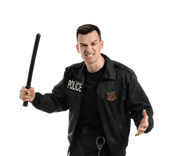 Agressieve Politieagent Met Wapenstok Witte Achtergrond — Stockfoto