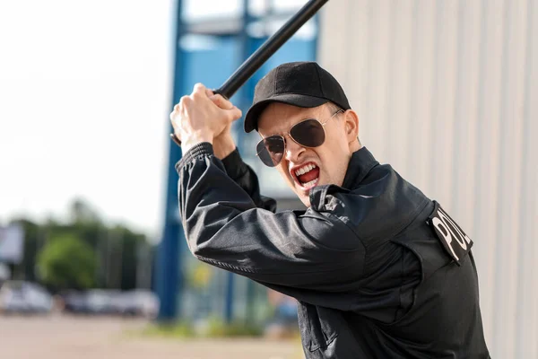 Aggressive Police Officer Baton Outdoors — Stock Photo, Image