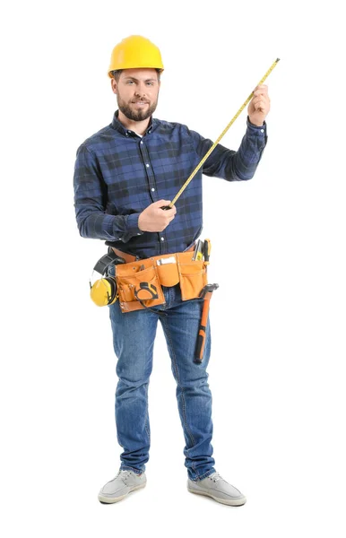 Manlig Arbetare Med Måttband Vit Bakgrund — Stockfoto