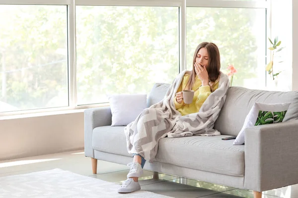 Young Woman Suffering Sleep Deprivation Cup Tea Home — Stock Photo, Image