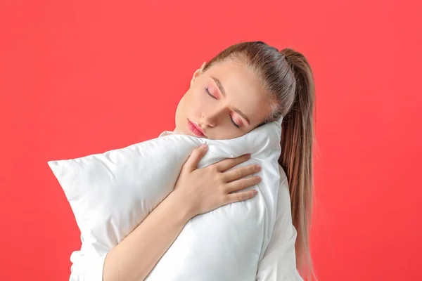 Tired Woman Pillow Color Background Concept Sleep Deprivation — Stock Photo, Image