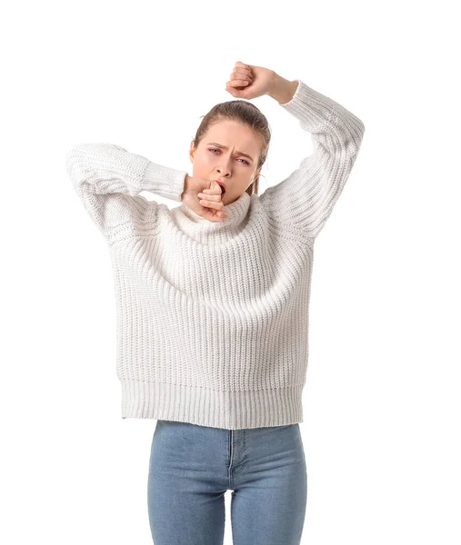 Young Woman Suffering Sleep Deprivation White Background — Stock Photo, Image