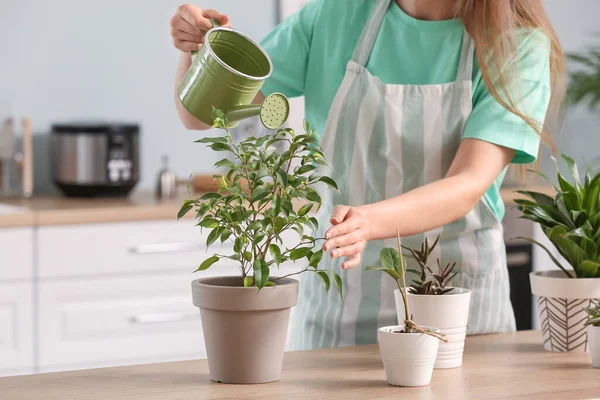 Mujer Joven Regando Plantas Casa Primer Plano — Foto de Stock