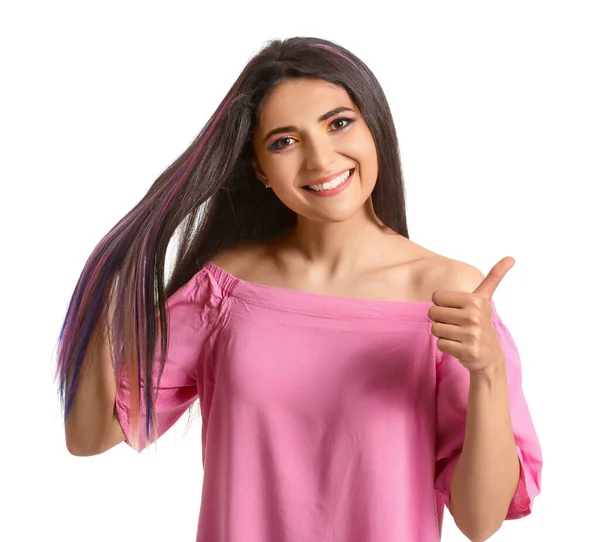 Beautiful Young Woman Unusual Hair Showing Thumb White Background — Stock Photo, Image