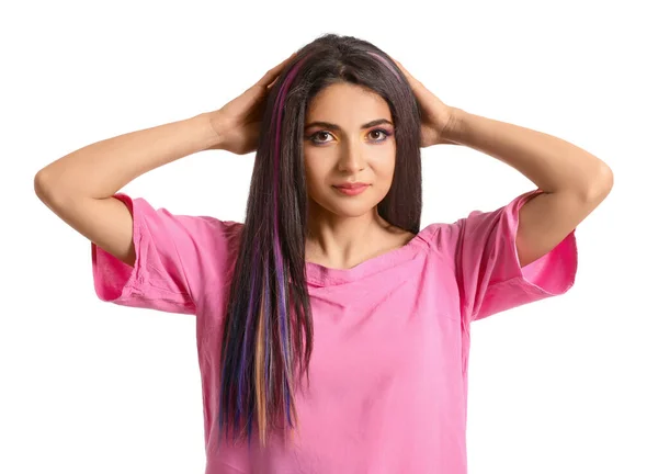 Hermosa Mujer Joven Con Pelo Inusual Sobre Fondo Blanco — Foto de Stock