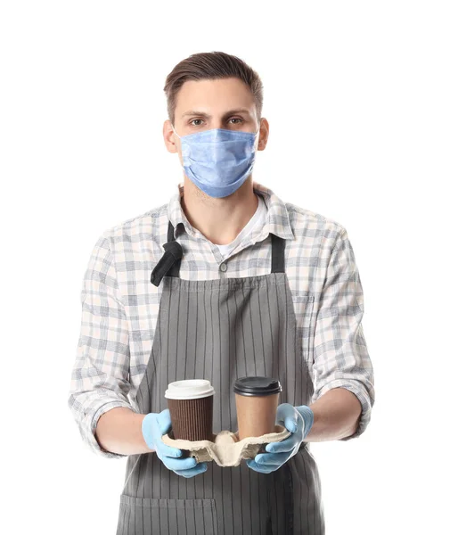 Jonge Mannelijke Barista Met Masker Witte Achtergrond Begrip Epidemie — Stockfoto