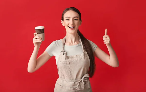 Young Female Barista Color Background — Stock Photo, Image