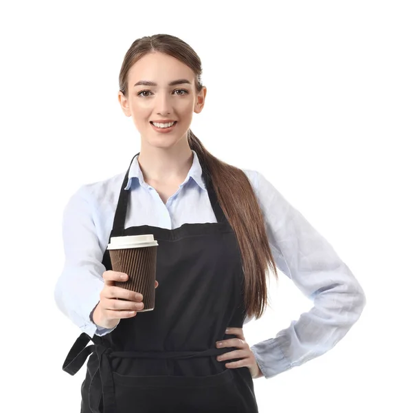 Jonge Vrouwelijke Barista Witte Achtergrond — Stockfoto