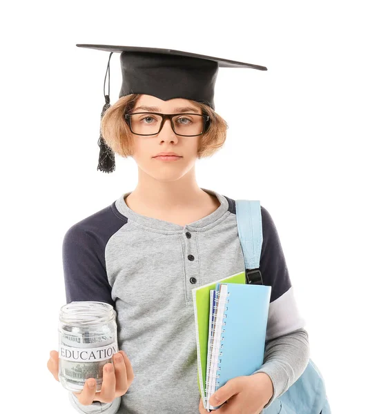 Adolescent Garçon Avec Épargne Pour Éducation Sur Fond Blanc — Photo