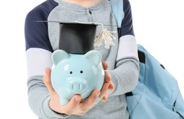 Teenager Mit Ersparnissen Für Bildung Auf Weißem Hintergrund Nahaufnahme — Stockfoto