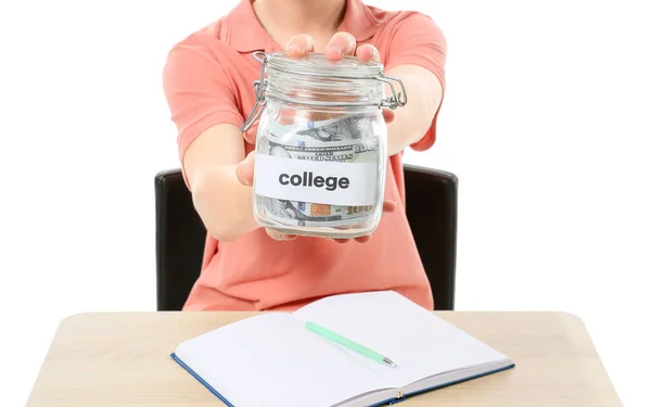 Adolescente Com Economia Para Educação Sentado Mesa Fundo Branco — Fotografia de Stock