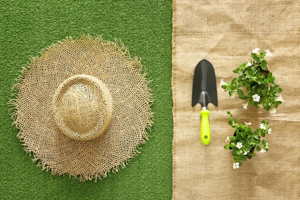 Shovel Gardening Plants Hat Color Background — Stock Photo, Image