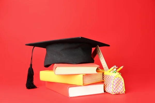 Graduation Hat Books Stationery Color Background — Stock Photo, Image