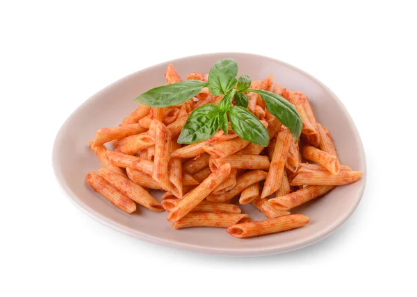 Plate Tasty Pasta Tomato Sauce White Background — Stock Photo, Image