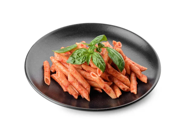 Plato Con Sabrosa Pasta Salsa Tomate Sobre Fondo Blanco — Foto de Stock