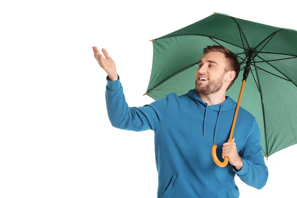Jóképű Fiatalember Esernyő Fehér Háttér — Stock Fotó