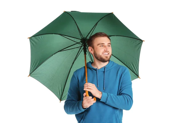 Stilig Ung Man Med Paraply Vit Bakgrund — Stockfoto