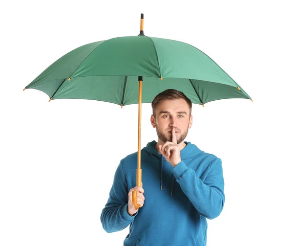 Beau Jeune Homme Avec Parapluie Montrant Geste Silence Sur Fond — Photo