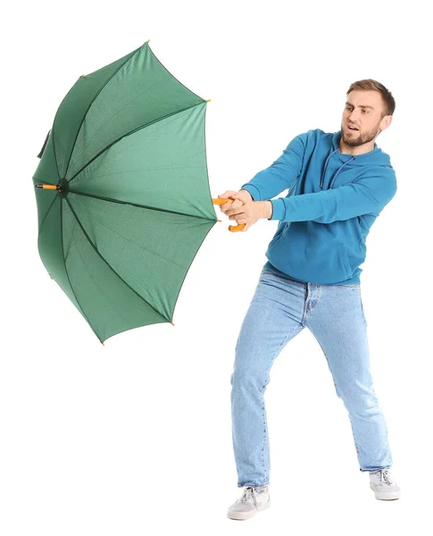 Stilig Ung Man Med Paraply Vit Bakgrund — Stockfoto
