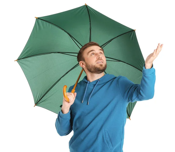 Hezký Mladý Muž Deštníkem Bílém Pozadí — Stock fotografie