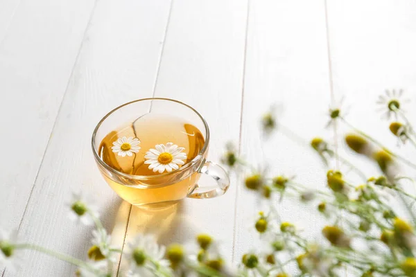 Cup Chamomile Tea White Wooden Background — Stock Photo, Image