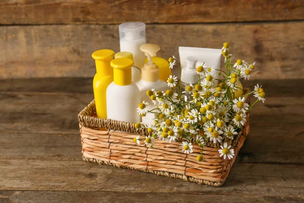 Cosmetics Chamomile Flowers Wooden Background — Stock Photo, Image