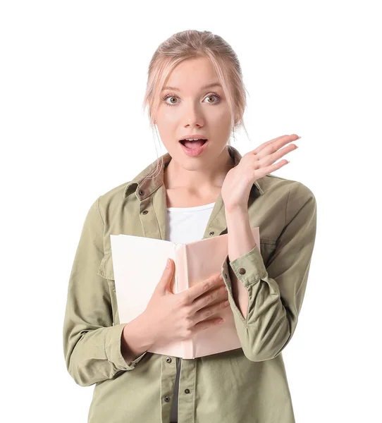 Portrait Shocked Young Woman Book White Background — Stock Photo, Image