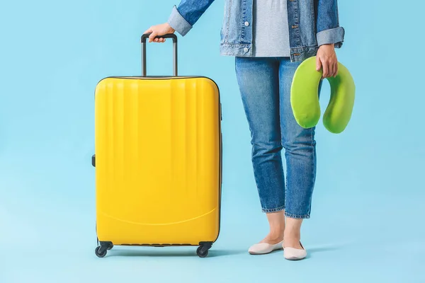 Woman Packed Suitcase Travel Pillow Color Background — Stock Photo, Image
