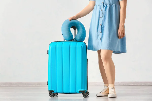 Woman Packed Suitcase Travel Pillow Indoors — Stock Photo, Image
