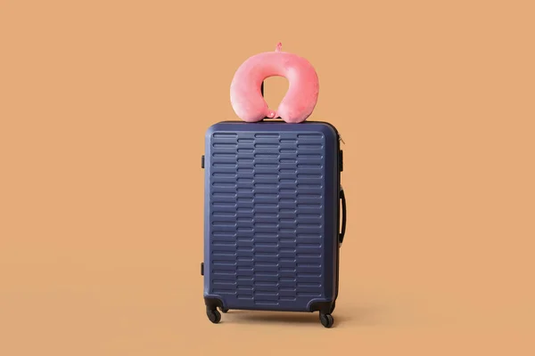 Packed Suitcase Travel Pillow Color Background — Stock Photo, Image